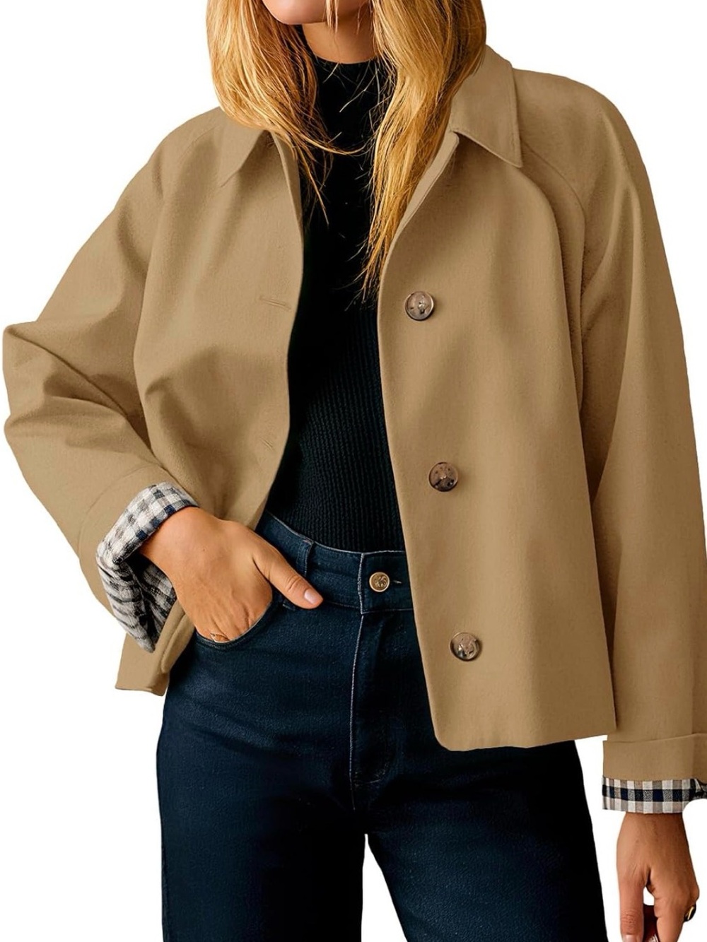 Amazon Women's Tan Button-Front Trench Jacket